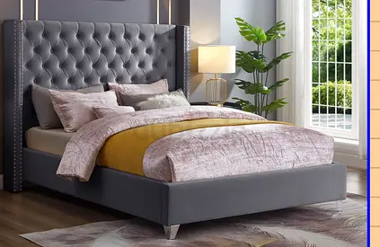 Modern Gray Tufted Bed Frame with High Wingback Headboard
