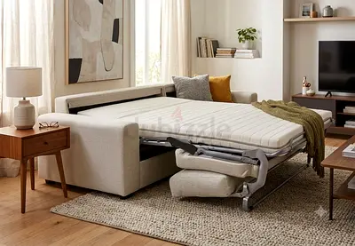 Light beige fabric sofa bed with mattress - good condition