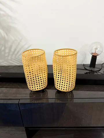 Pair of woven rattan candle holders / decorative holders