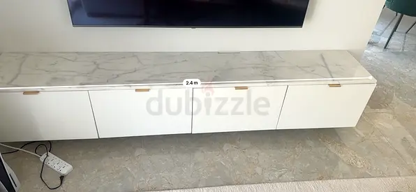 Wall-mounted TV cabinet with marble top - white low console