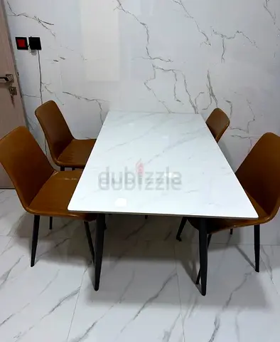 Marble-Top Dining Table with 4 Brown Chairs - Good Condition