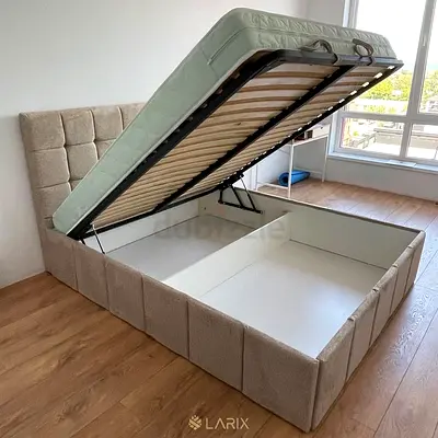 Queen storage bed with lift-up mattress, beige upholstered