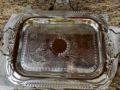 Large and medium size Decorative Silver Serving Tray with Handles