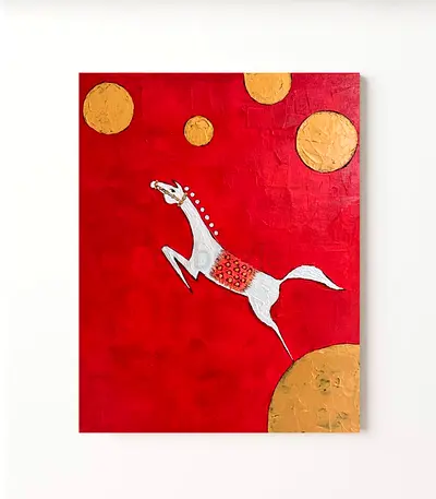 Handmade Red Gold Horse Acrylic Painting on Canvas