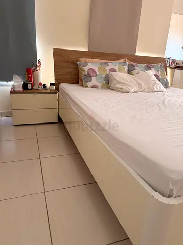 Home center style double bed frame with headboard and cabinet(good condition) plus 2 side table