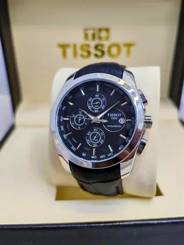 Tissot Chronograph Mens 1st Copy Watch - Black Dial, Leather Strap
