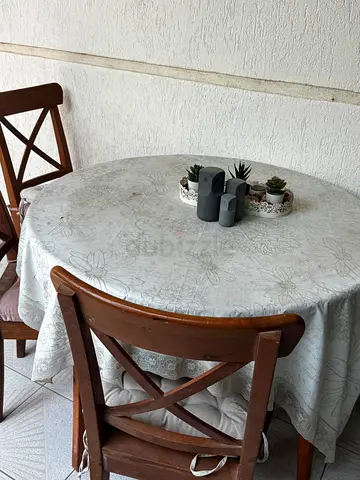 Round Dining Table with 4 Wooden Chairs and Tablecloth - Good Condition