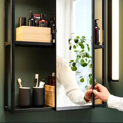 Ikea Wall-mounted mirror cabinet with open shelves (black metal frame)