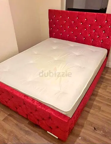 Red Velvet Double Bed with Tufted Headboard
