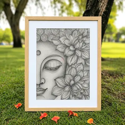A beautifully detailed pencil hand finished canvas print featuring a serene Buddha face surrounded