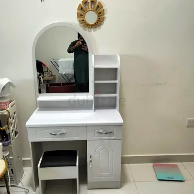 White Wooden Dressing Table with Mirror, Stool and Side Shelves