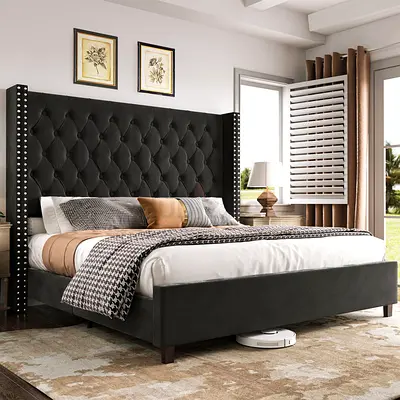 Queen upholstered bed frame with tufted headboard - dark grey