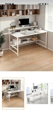 Modern White Metal Desk with Built-in Shelving and Monitor Stand