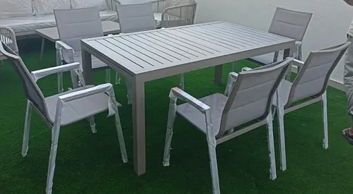 Outdoor aluminium dining table with 6 chairs - light grey set