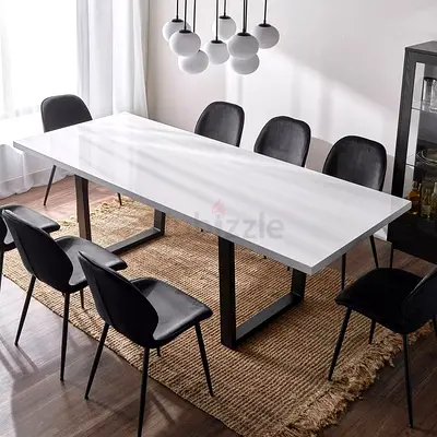Modern white dining table with black metal legs - seats up to 8