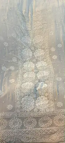 Light grey embroidered fabric/dupatta with floral chikankari detailing