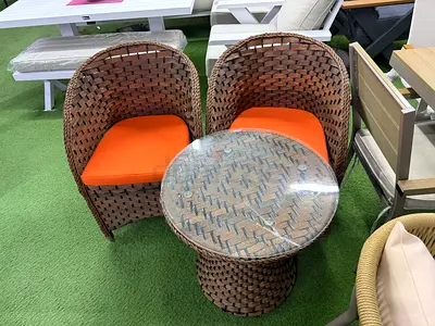 Pair of Wicker Outdoor Chairs with Small Matching Table (Orange Cushions)