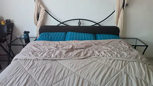 Metal Frame Queen Bed with Headboard and Side Glass Tables