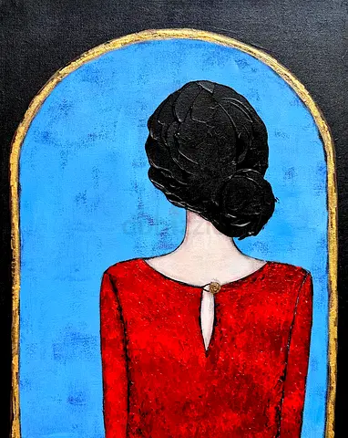 Original textured painting of woman in red dress