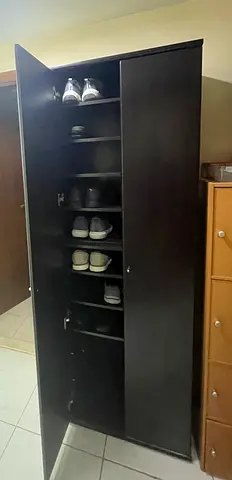 Tall dark brown shoe cabinet / wardrobe with multiple shelves - good condition