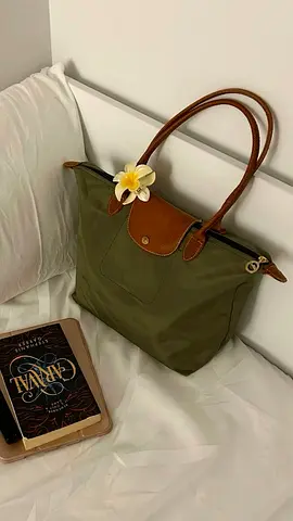 Green Longchamp-style Tote Bag with Brown Leather Handles