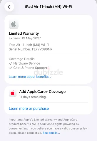 Apple iPad Air 11-inch (M4) Wi‑Fi — Mint Condition with Limited Warranty