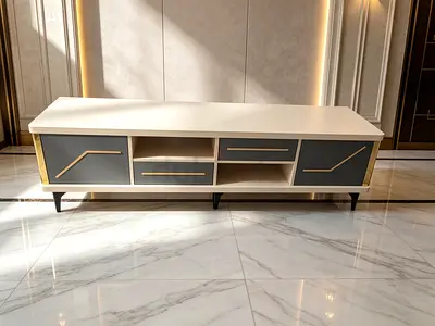Modern TV Entertainment Unit - White and Grey with Gold Trim