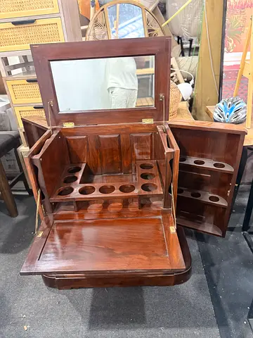 Vintage Wooden Bar Cabinet with Fold-Out Serving Tray and Mirror
