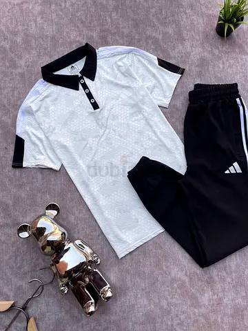 Casual mens white polo shirt with black collar and black track pants set
