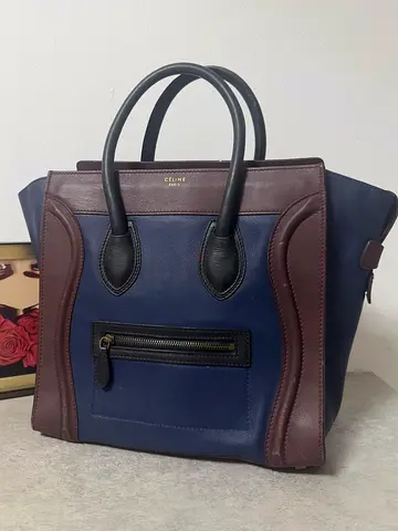 Celine STYLE Tricolor Luggage Tote - Navy, Burgundy Black