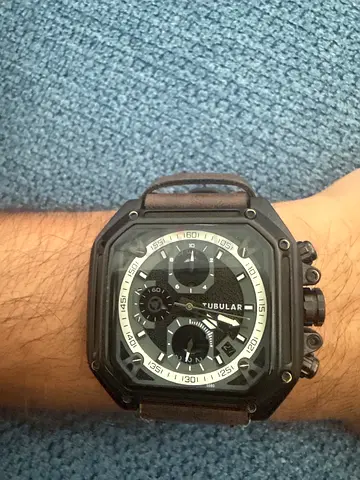 Turbular mens chronograph square black watch with leather strap