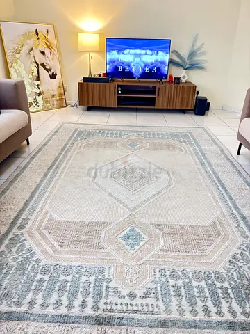 Large beige and blue modern area rug – excellent condition