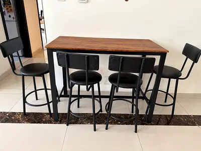 Wooden Top Bar Table with 4 Black Metal Stools - Good Condition