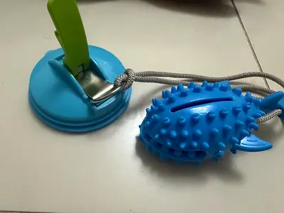 Blue rubber chew/toy with suction cup and rope - good condition