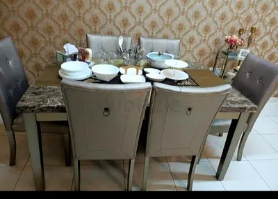 6-Seater Marble Top Dining Table with Upholstered Chairs