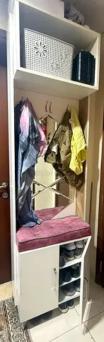 Compact entryway shoe cabinet with cushioned seat and coat hooks