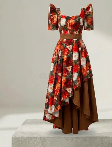 Floral puff-sleeve midi dress with asymmetric hem - size Medium/Large