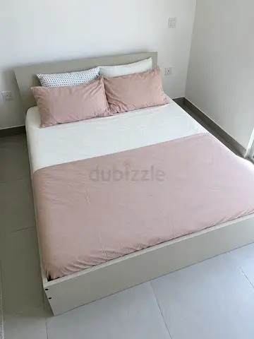 Low platform double bed frame with mattress and covers — Great condition