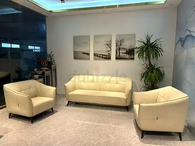 Modern Cream Leather Sofa Set - 3 Seater and Two Armchairs