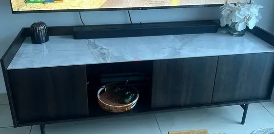 Modern TV Console Cabinet with Marble Top - Dark Wood
