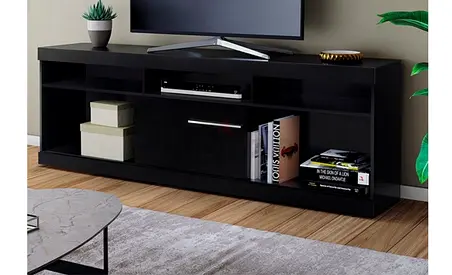 Black TV Entertainment Unit with Storage Shelves and Cabinet