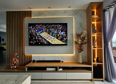 Modern built-in entertainment unit with LED backlight and shelving