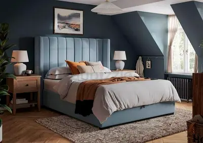 Modern Light Blue Winged Upholstered Bed
