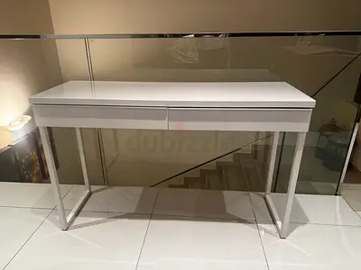 White modern console table with drawers - and chair good condition