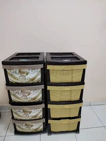 Set of 2 Plastic 4-Drawer Storage Cabinets - Beige/Patterned