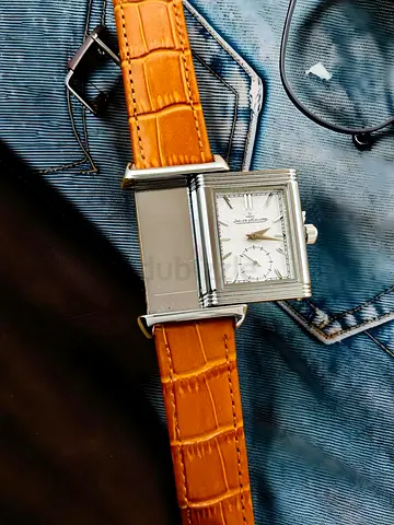Jaeger-LeCoultre Reverso-style Rectangular Mens Watch with Brown Leather Strap