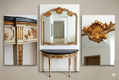 PETALS Vintage Gold Gilded Wall Mirror with black Marble Console Table - Set