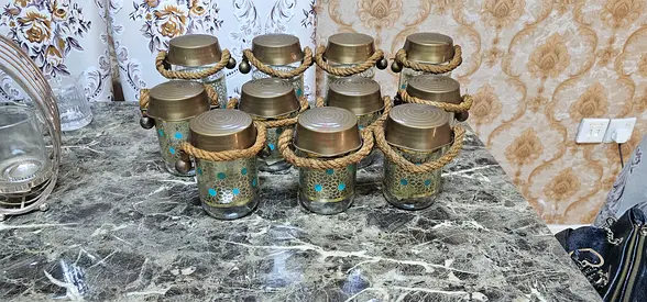 Set of 8 Decorative Brass Lanterns with Rope Handles