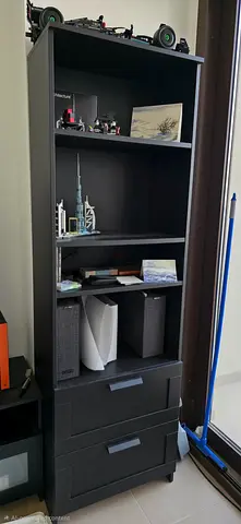 BRIMNES Bookcase - Tall black bookshelf with drawers - good condition