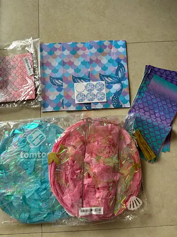Free mermaid party decor table cloth, popcorn bags, gift bags